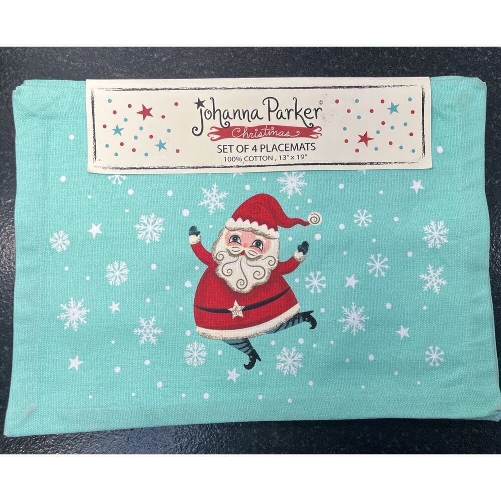 Johanna Parker Mint Green Santa Claus Christmas‎ Cotton PLACEMATS Set of 4 New